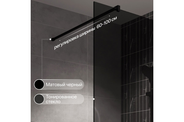 Душевая перегородка STWORKI Берген 100 см, профиль черный матовый, тонированое стекло