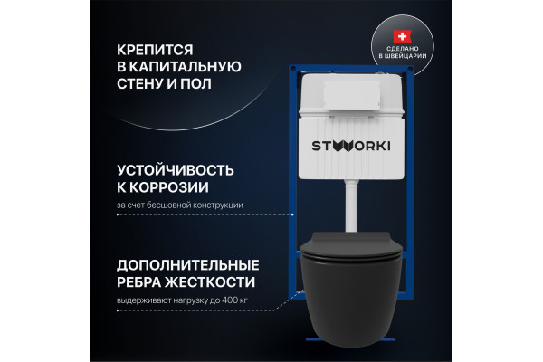 Комплект Унитаз подвесной STWORKI Ноттвиль SETK3104-2616 безободковый, с микролифтом, черный + Инсталляция + Кнопка 230824 белая