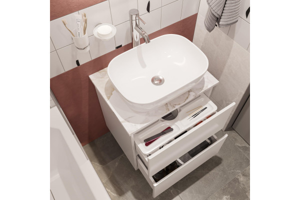 Мебель для ванной STWORKI Колдинг 60 белая, с раковиной 50 Square, столешница белая сатиновая