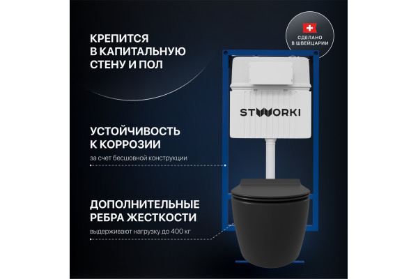 Комплект Унитаз подвесной STWORKI Ноттвиль SETK3104-2616 безободковый, с микролифтом, черный + Инсталляция + Кнопка 230823 хром матовый