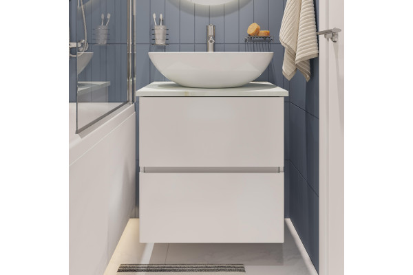 Тумба с раковиной STWORKI Колдинг 60, белая, с раковиной Moduo 55 Leaf, столешница светло-серая сатиновая