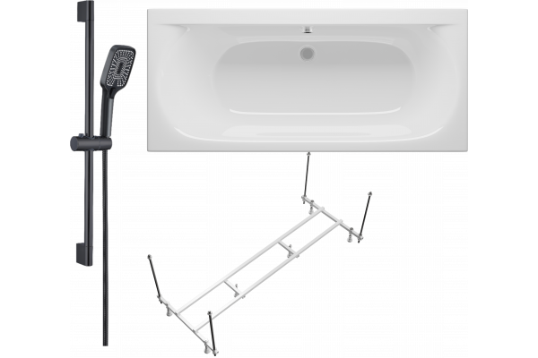Комплект Акриловая ванна STWORKI Хадстен SW1016075028 без опоры 180x80 см + Каркас SW5018080052 180 + Гарнитур Готланд WH628-MB черный матовый