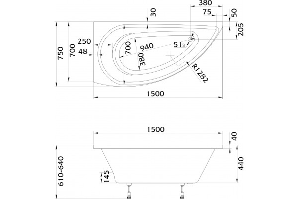 Акриловая ванна STWORKI Лунд L 150x75 см, угловая, с каркасом, асимметричная