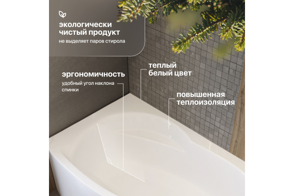 Акриловая ванна STWORKI Молде L 170x100 см, угловая, с каркасом, асимметричная