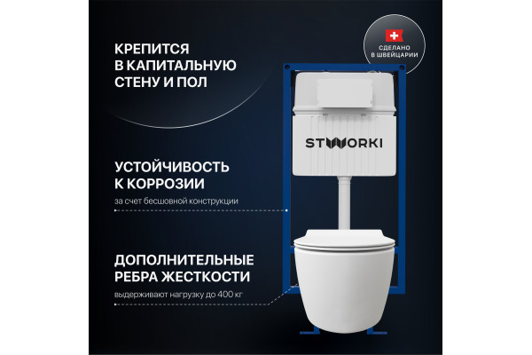 Комплект Унитаз подвесной STWORKI Ноттвиль SETK3104-2616 безободковый, с микролифтом, белый + Инсталляция + Кнопка 230822 хром глянцевый