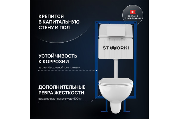 Комплект Унитаз подвесной STWORKI Хедмарк 3510 безободковый + Крышка Smart 0302 с микролифтом + Инсталляция + Кнопка 230824 белая
