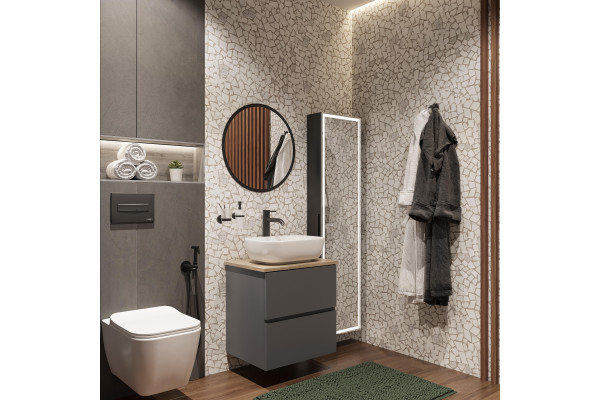 Тумба с раковиной STWORKI Колдинг 60 антрацит, с раковиной 50 Square, столешница орех матовый