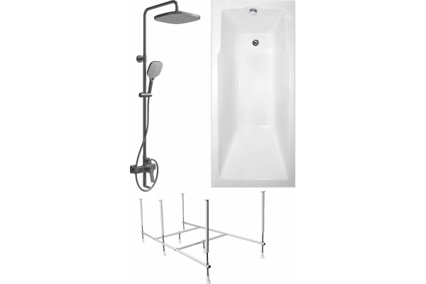 Комплект Акриловая ванна STWORKI Копенгаген KP19090 без опоры 190x90 см + Каркас 190 + Душевая стойка Ларвик HWB0502-P01GD вороненая сталь