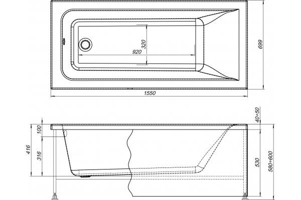 Акриловая ванна STWORKI Стокгольм 155x70 см, с каркасом