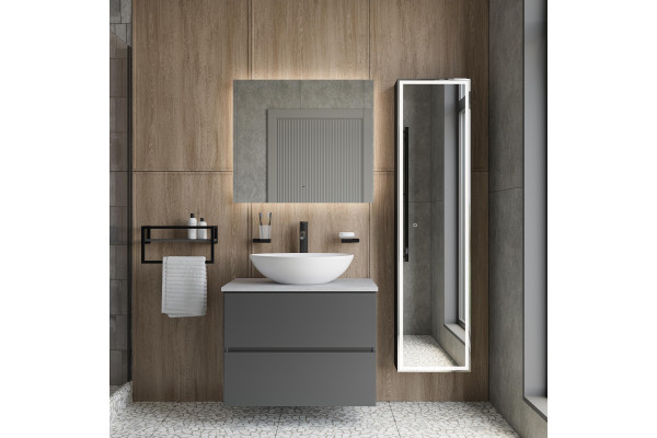 Тумба с раковиной STWORKI Колдинг 80, антрацит, с раковиной Moduo 55 Leaf, столешница серая матовая