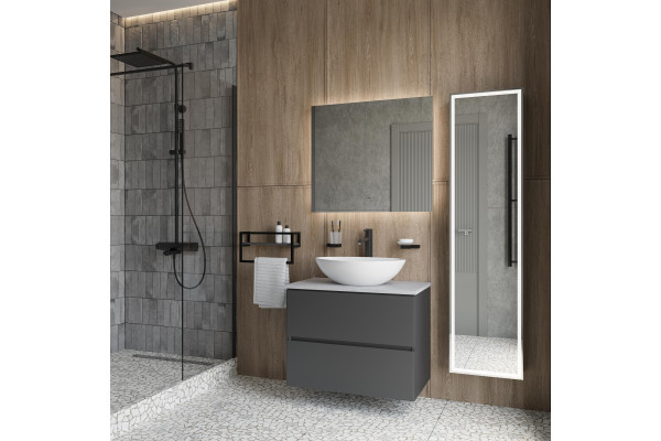 Тумба с раковиной STWORKI Колдинг 80, антрацит, с раковиной Moduo 55 Leaf, столешница серая матовая
