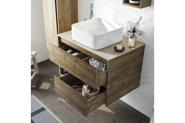 Тумба с раковиной STWORKI Карлстад 75 дуб рустикальный, простоун беж, с отверстием для смесителя в столешнице, белая