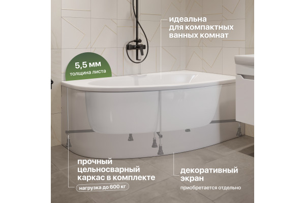 Акриловая ванна STWORKI Ноттвиль R 160x90 см, угловая, с каркасом, асимметричная