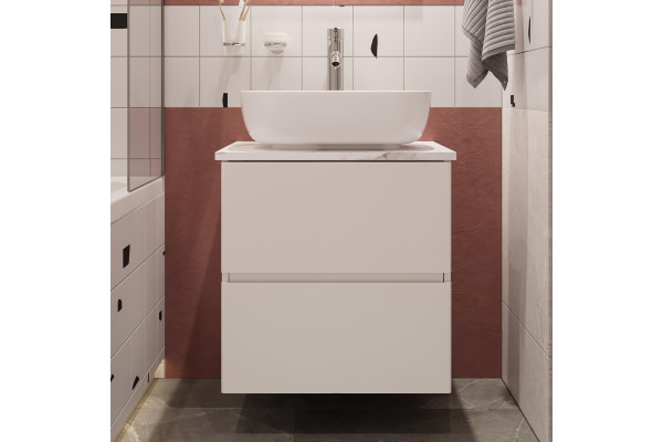 Тумба с раковиной STWORKI Колдинг 60 белая, с раковиной 50 Square, столешница белая сатиновая