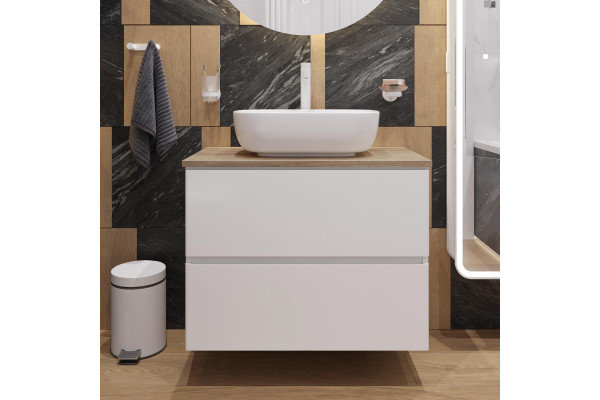 Тумба с раковиной STWORKI Колдинг 80 белая, с раковиной Moduo 50 Square, столешница орех матовый