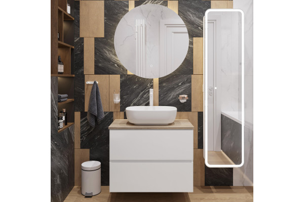 Тумба с раковиной STWORKI Колдинг 80 белая, с раковиной Moduo 50 Square, столешница орех матовый