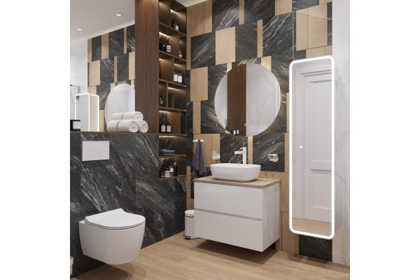 Тумба с раковиной STWORKI Колдинг 80 белая, с раковиной Moduo 50 Square, столешница орех матовый