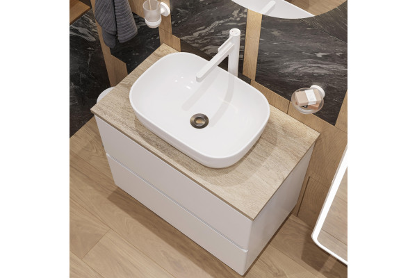 Тумба с раковиной STWORKI Колдинг 80 белая, с раковиной Moduo 50 Square, столешница орех матовый