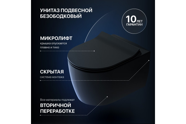 Комплект Унитаз подвесной STWORKI Ноттвиль SETK3104-2616 безободковый, с микролифтом, черный + Инсталляция + Кнопка 230858 черный матовый