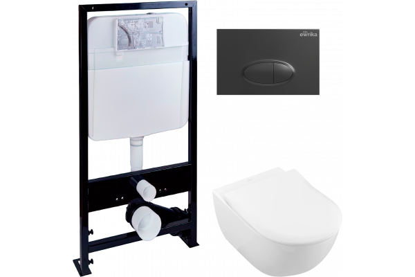 Комплект Унитаз подвесной Villeroy & Boch Subway 2.0 5614R201 alpin + Инсталляция EWRIKA ProLT 0026-2020 + Кнопка 0054 черная матовая