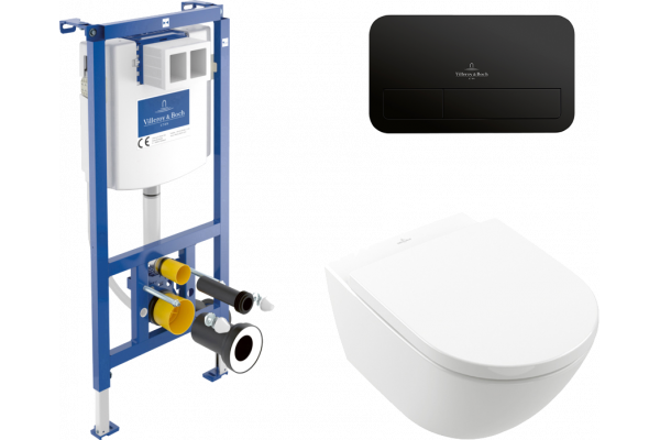 Комплект Унитаз подвесной Villeroy & Boch Subway 3.0 4670TS01 alpin, сиденье с микролифтом + Инсталляция + Кнопка Viconnect 922490AN black matt