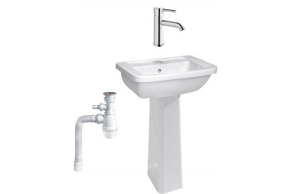 Комплект Раковина VitrA Form 300 9602B003 с пьедесталом + Смеситель Minimax S A41984EXP + Сифон Wirquin Минор с отводом для стиральной машины