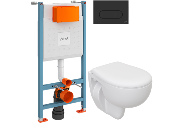 Комплект Унитаз подвесной Seramiksan Natura + Крышка + Инсталляция VitrA V-Fix Core 732-5800-01 с кнопкой смыва Root R 740-2211 черной матовой