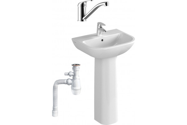Комплект Раковина VitrA S20 5502B003 + Пьедестал 5529B003 + Смеситель Rossinka Y + Сифон Wirquin Минор с отводом для стиральной машины