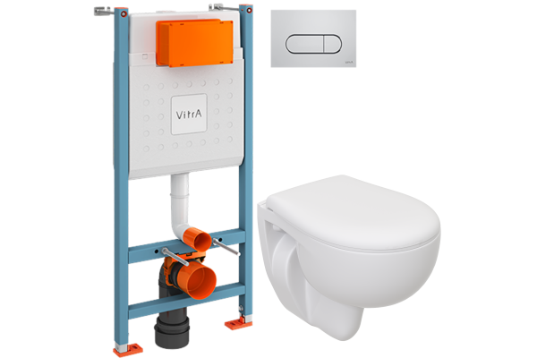 Комплект Унитаз подвесной Seramiksan Natura + Крышка + Инсталляция VitrA V-Fix Core 732-5800-01 с кнопкой смыва Root R 740-2280 хром
