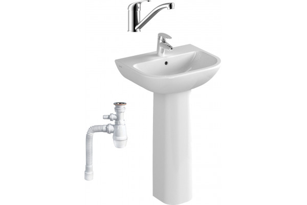 Комплект Раковина VitrA S20 5503B003 + Пьедестал 5529B003 + Смеситель Rossinka Y + Сифон Wirquin Минор с отводом для стиральной машины