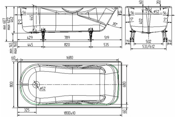 Чугунная ванна Универсал Сибирячка 180x80 без ножек прямоугольная, пристенная